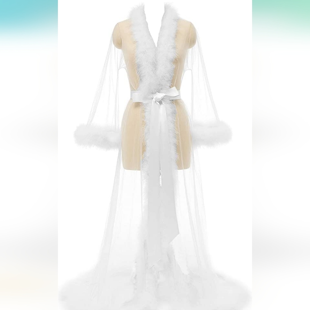 White mesh robe with feather, one size NWOT